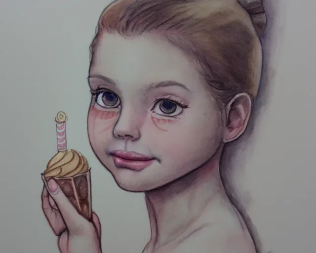 Image similar to a girl with the ice cream watercolor colored pencil painting trending on artstation