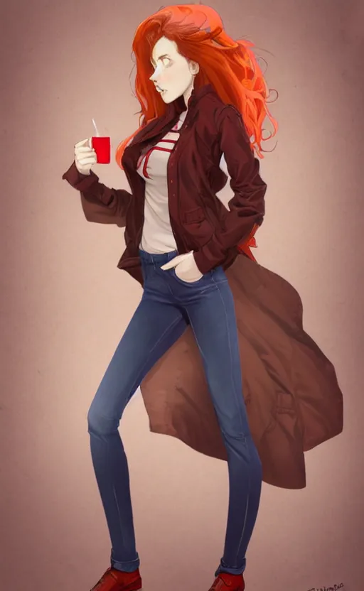 Prompt: full-body shot of an attractive tomboy girl with long, crimson red hair and red eyes, wearing a brown, open jacket and green jeans with a stern look, midriff, concept art, character design, by WLOP, by Tomine, by Kon, Satoshi, by Leyendecker