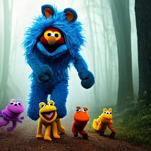 Image similar to a large fox muppet wearing a hooded cloak herding a bunch of random muppet animals following behind through a dark forest, sesame street, photograph, photography, ultrarealistic, national geographic