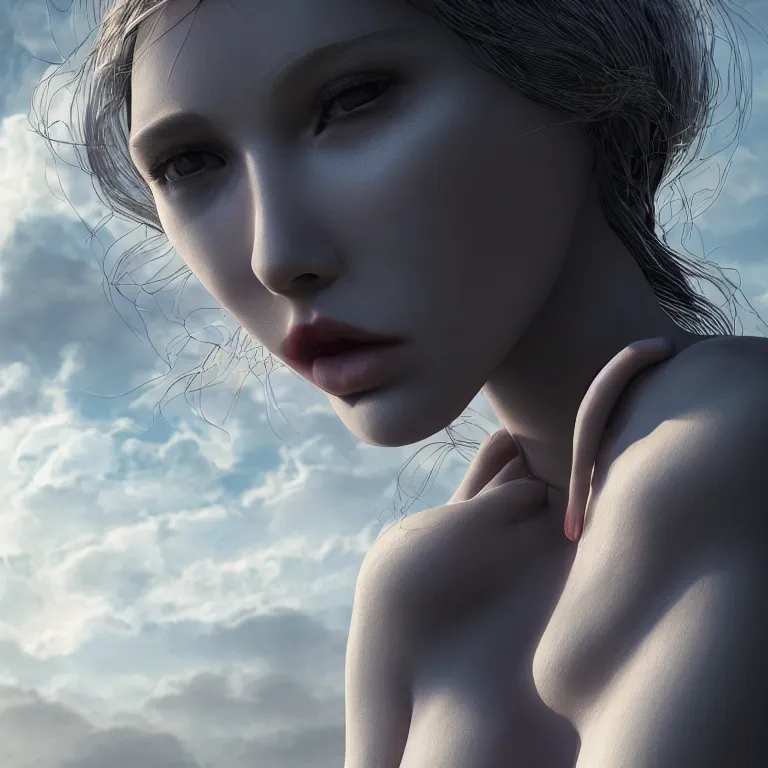 Prompt: a beautiful Cotton Mill Girl, symmetrical, perfect body and face. dramatic angle, ornate, details, smooth, sharp focus, illustration, realistic, cinematic, artstation, award winning, rgb , unreal engine, octane render, cinematic light, macro, depth of field, blur, red light and clouds from the back, highly detailed epic cinematic concept art CG render made in Maya, Blender and Photoshop, octane render, excellent composition, dynamic dramatic cinematic lighting, aesthetic, very inspirational, arthouse by Henri Cartier Bresson