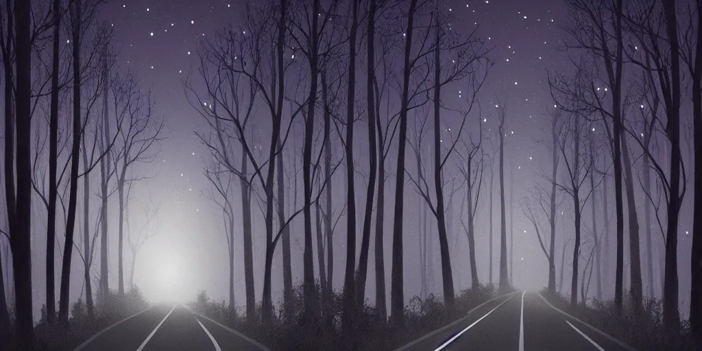 Image similar to night, road between tall trees, dense forest, dark night, moon, in style of disney cartoon