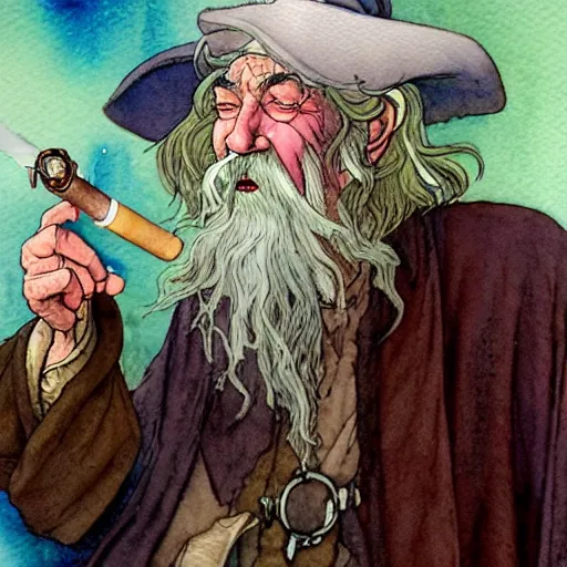 Image similar to a realistic and atmospheric watercolour fantasy character concept art portrait of gandalf with bloodshot eyes laughing and smoking a pipe looking at the camera by rebecca guay, michael kaluta, charles vess and jean moebius giraud