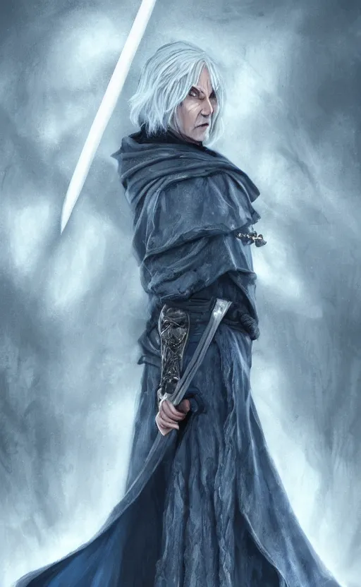 Image similar to an older woman with silver hair and piercing blue eyes. she's wearing a dark, hooded cloak and looks like she knows her way around a sword, dynamic lighting, photorealistic fantasy concept art, trending on art station, stunning visuals, creative, cinematic, ultra detailed