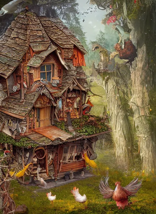 Image similar to highly detailed matte painting of the hybrid anthropomorphic baba yaga witch's shack sitting on top of very giant tall chicken legs with chicken feet, from the russian fairy tale, 8 k resolution, by android jones