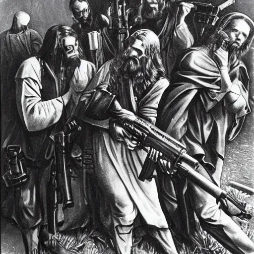 Prompt: jesus with m 1 6 rifle gun killing demons