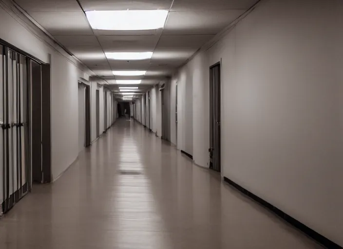 Image similar to a school corridor at night, lights off, moonlight coming through the window