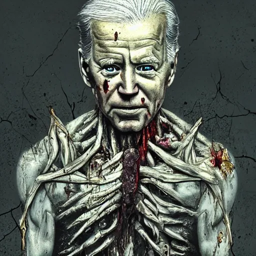 Image similar to joe biden as a rotting zombie, full body portrait, in a front of podeum, horror core, apocalyptic, feeling of grimdark, sharp focus, fiction, hyper detailed, digital art, trending in artstation, cinematic lighting, studio quality, smooth render, unreal engine 5 rendered, octane rendered, art style and nixeu and wlop and krenz cushart