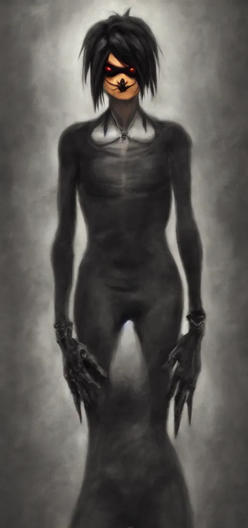 Image similar to dark portrait painting of tracer from overwatch, in style of zdzisław beksinski, scary, horror, overwatch tracer character, dressed in dark garment, tall,