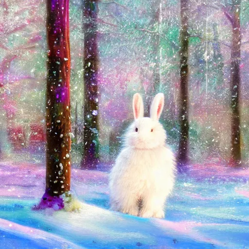 Prompt: cute white fluffy rabbit in colorful winter fantasy scene with trees with icicles dripping from branches magical realism painting 4k