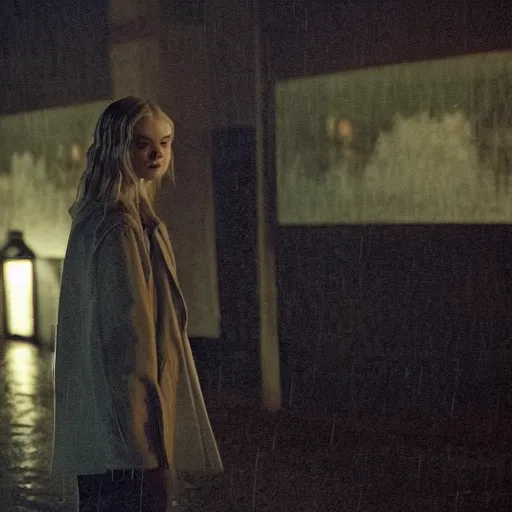 Prompt: Elle Fanning in The Walking Dead at night in the world of Edward Hopper, stormy snowy weather, streetlights, extremely detailed masterpiece, oil on canvas, low-key neon lighting, artstation, Blade Runner 2049, Roger Deakin’s cinematography, by J. C. Leyendecker and Peter Paul Rubens,