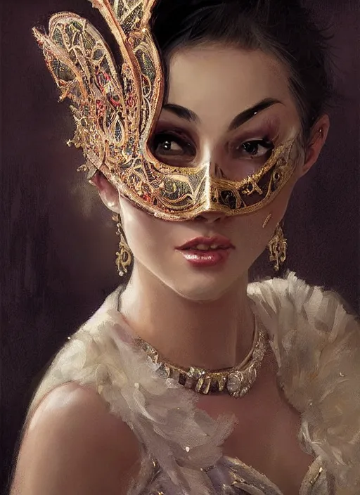 Prompt: a beautiful woman wearing an elaborate masquerade mask and matching ballgown, looking at the viewer with an alluring expression. painting by artgerm and greg rutkowski and magali villanueve