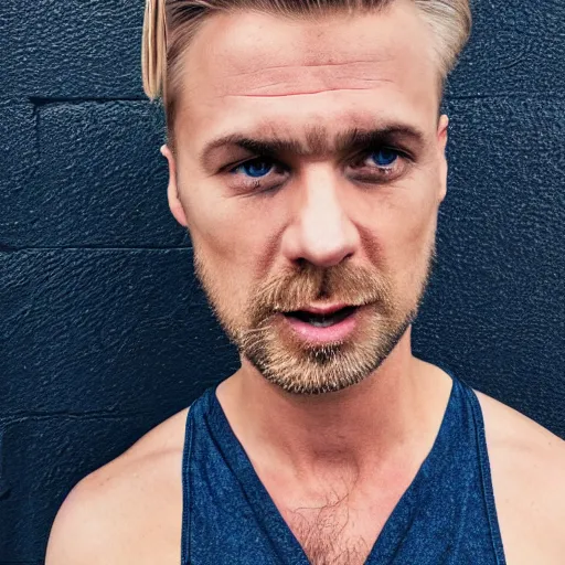 Image similar to close up of face of good looking 4 0 year old slavic blond man with blond stubble, very short wavy blond hair in a short pompadour style, very dark blue eyes, wearing a tank top, hairy shoulders, hairy chest, portrait, 4 k