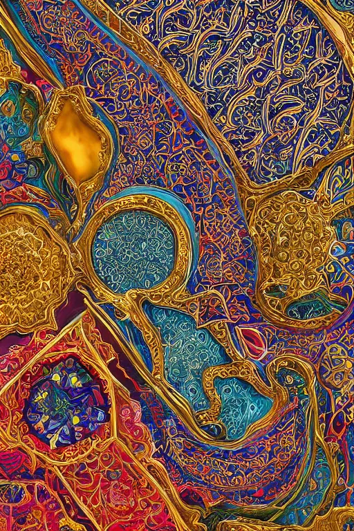 Prompt: hyper-detailed maximalist abstract islamic art, 8k, 3d, ochre colour pallet