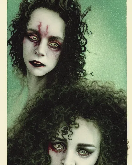 Prompt: a handsome but creepy, sinister, smiling young woman, with haunted eyes and curly hair, wearing punk clothing, 1 9 7 0 s, seventies, wallpaper, a little blood, moonlight showing injuries, delicate embellishments, painterly, offset printing technique, by john howe, brom, robert henri, walter popp