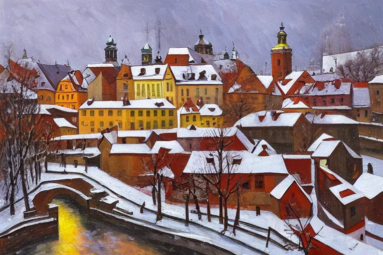 Prompt: cesky krumlov in winter by jeffrey smith, vibrant depth, cubism, 3 d depth, oil on canvas, trending art station, masterpiece