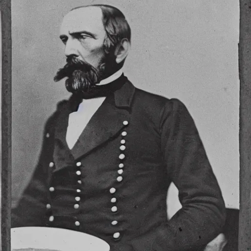 Image similar to a 1 8 5 8 photo of general pitzer, a union general, eating a large burrito with cheese and salsa