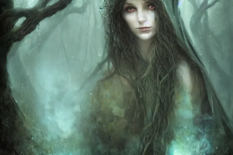 Prompt: cinematic painting, portrait of a dryad, fey, mysterious, she's emerging from shadow, face partially hidden by a hooded cloak, ice blue eyes, determined expression, maenad, autumn forest, cinematic fantasy painting, trending on art station, hard focus, cinematic lighting, ominous shadows by brian froud and jessica rossier and gaston bussiere