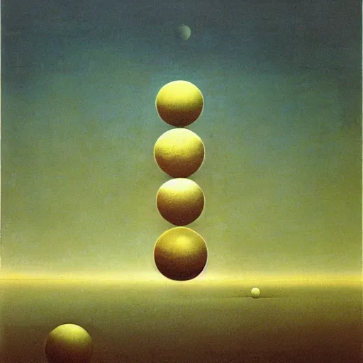 Prompt: multiple spheres floating above the horizon, spread out horizontally from left to right, separated symmetrically, zdzislaw beksinski