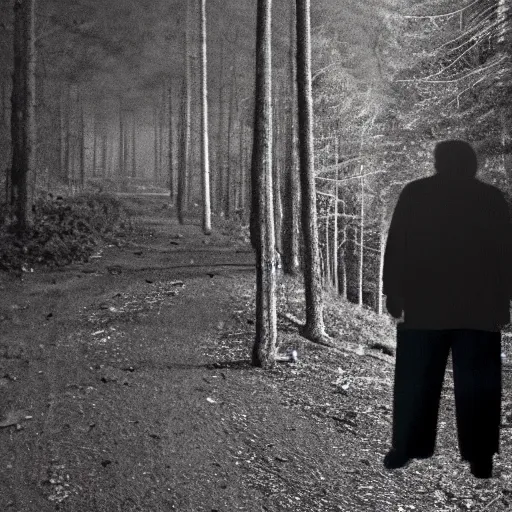 Image similar to creepy trail cam footage of an obese Donald trump hiding in the darkness