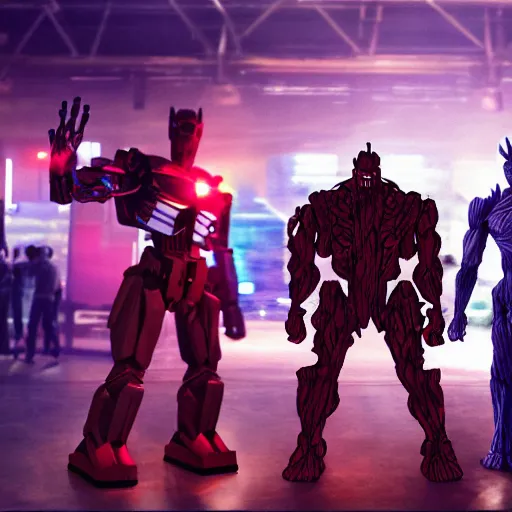 Prompt: groot and optimus prime in techno party among people dancing, wide shoot, after effect ultra realistic 3 d