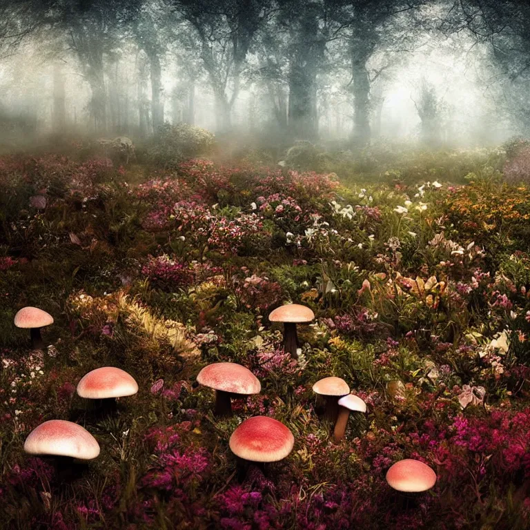 Image similar to a planet of various fungus, mushrooms, flowers and plants, inside the picture is infinity, Atmospheric, artistic photography, conceptual, long exposure outside the city, volumetric light