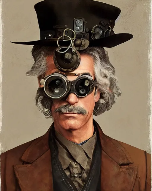 Prompt: Portrait steampunk Sam Elliott wearing safety goggles and black coat by charlie bowater elina brotherus greg rutkowski Dan Witz paul klee jamie wyeth victo ngai