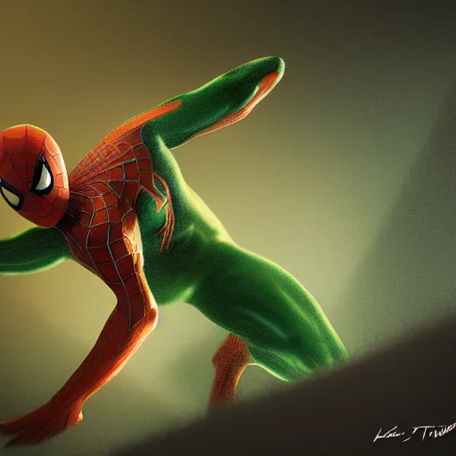 Prompt: moody atmospheric render of an orange and green spiderman by leon tukker