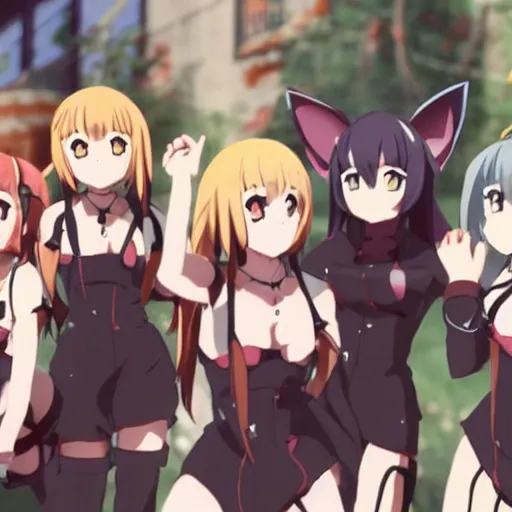 Image similar to “group of catgirls playing together, anime film still. Rise Of The Catgirls(2020)”