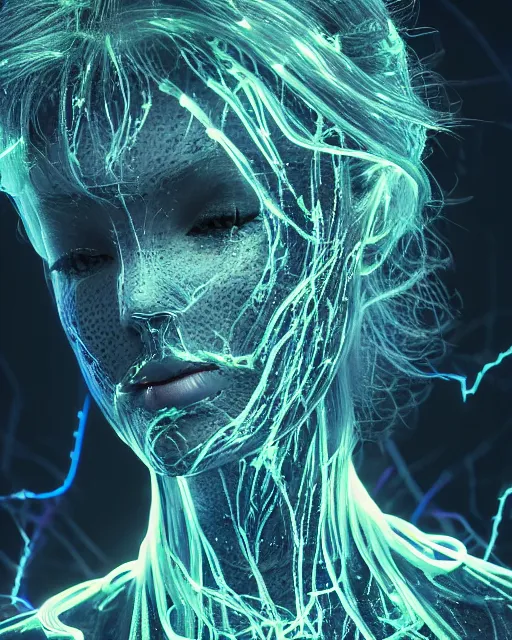 Image similar to bioluminescent long exposure light painting of a beauteous biomechanical practical sumptuous full frame photo realistic face, lifelike incredible hair, crystalline masterpiece incrustations, hyperdetailed face, elegant pose, movie still, intricate, octane render, cinematic forest lighting,