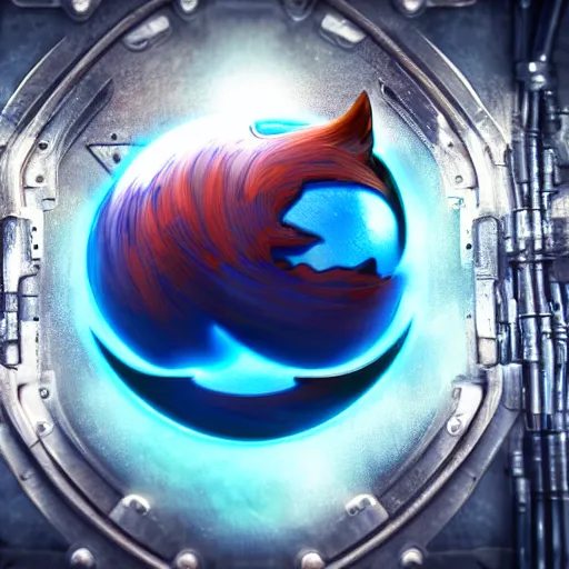 Image similar to mythical organic biomechanical firefox logo fighting a clean steel chrome logo. futuristic. blue blurry background. highly detailed, intricate steampunk ornate, poetic, 3 d render, digital art, octane render, 8 k artistic photography, photorealistic.