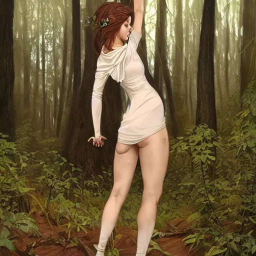 Prompt: full body portrait of a female wearing a skintight dress in a forest, large thighs, perfect face, intricate, elegant, highly detailed, digital painting, artstation, smooth, sharp focus, illustration, art by artgerm and greg rutkowski and alphonse mucha, 8 k