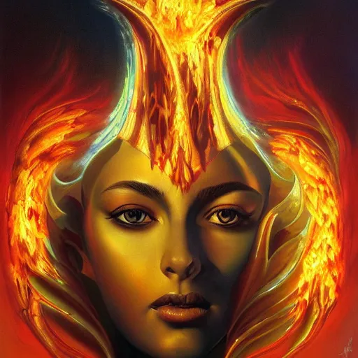 Prompt: A beautiful painting of a goddess with flames as her body by Jim Burns, 8K, ultra-detailed , Trending on artstation.