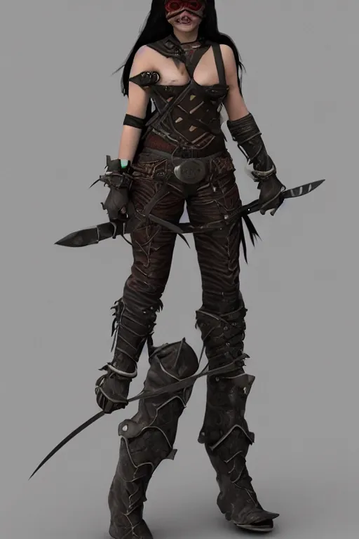 Image similar to gender : female, race : orc, job : bounty hunter, weapon : katana, clothes : leather armor, accessories : goggles, body type : strong hair style : wavy, concept art, trending on artstation 3 d.
