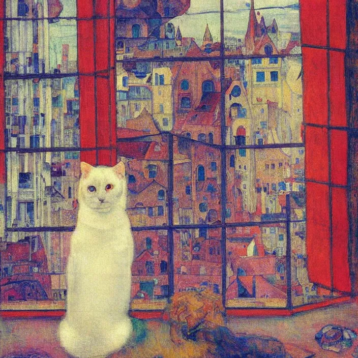 Image similar to dreamy fuzzy white cat sitting in a window, city with gothic cathedral. sun setting through the clouds, vivid colors. jan van eyck, agnes pelton, egon schiele, henri de toulouse - lautrec, utamaro, monet