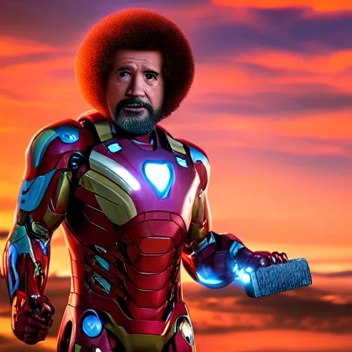 Image similar to a still of Bob Ross as Ironman. Magic Hour. Professional photography, 4K. Mood