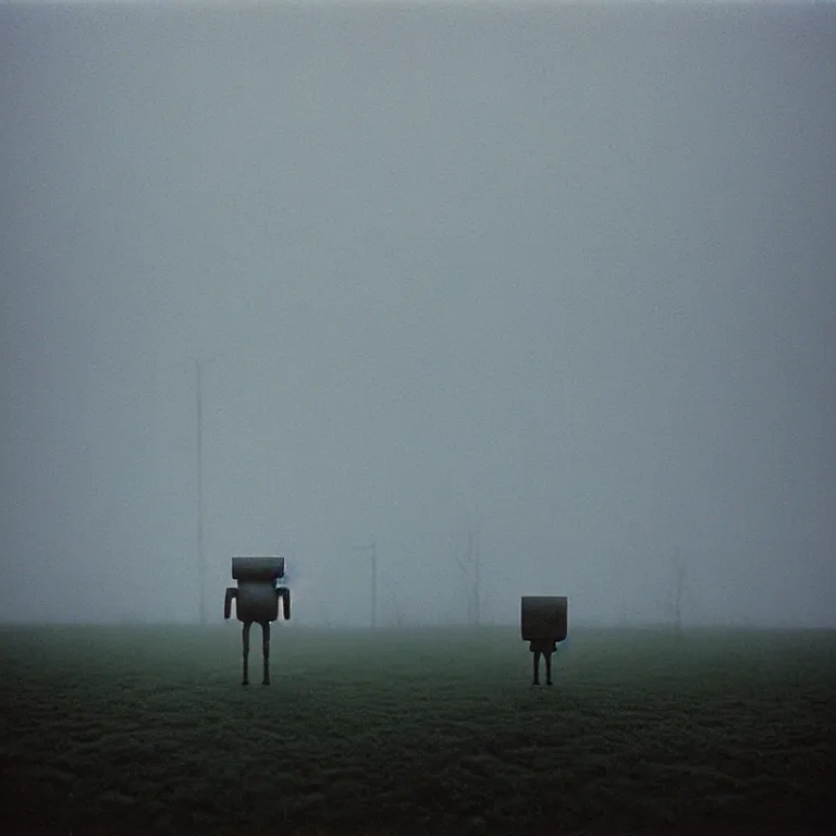 Image similar to a sole angular lanky liminal observer droid, in a brutalist yet rural landscape by simon stalenhag, 3 5 mm film photography, dawn, eerie fog