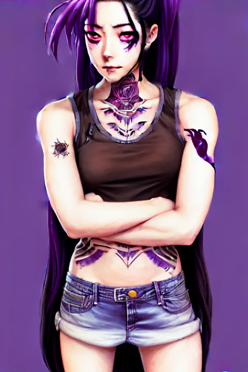 Image similar to a portrait of dilraba dilmurat as revy from black lagoon, smirk, black tank top, jean shorts, brown eyes, purple hair, tribal tattoos right arm sleeve, symmetrical eyes, symmetrical face, art by lois van baarle and loish and ross tran and rossdraws and sam yang and artgerm