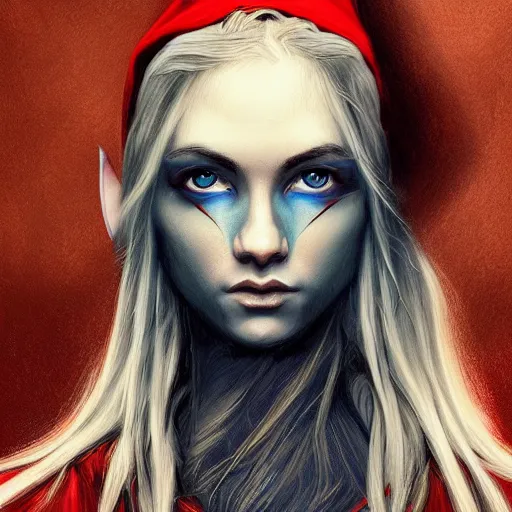 Prompt: portrait of darl elf, fantasy, blue eyes, calm expression, fantasy, thinking, raven in background, highly detailed, digital painting, gradient black charcoal red, concept art, smooth, b sharp focus, illustration, golden ratio 8 k