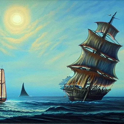 Prompt: a sailing ship off the shore of a beautiful coast with a distant ominous biopunk tower filled with evil technology glowing in the distance, painting by John Berkley