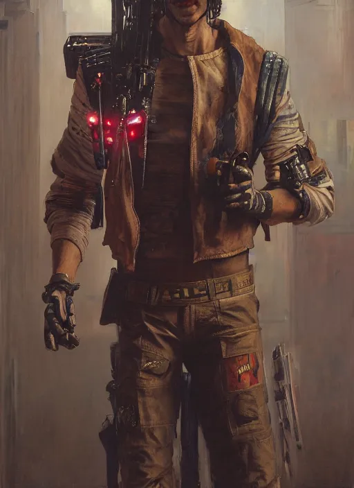 Image similar to crazy eddie. cyberpunk clown wearing a military vest and combat gear. (Cyberpunk 2077, bladerunner 2049). Iranian orientalist portrait by john william waterhouse and Edwin Longsden Long and Theodore Ralli and Nasreddine Dinet, oil on canvas. Cinematic, hyper realism, realistic proportions, dramatic lighting, high detail 4k