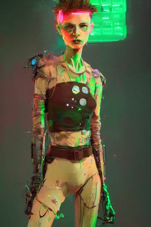 Image similar to an epic non - binary model, subject wearing a belt made out of computer mice, grungy, beautiful, intricate, muted tonal colors, with few neon green highlights, by jeremy mann and ilya kuvshinov, jamie hewlett and ayami kojima, trending on artstation, bold 3 d