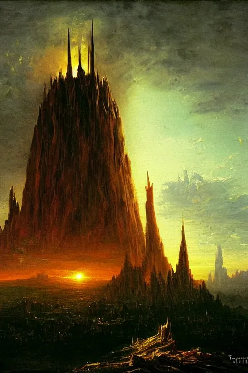 Prompt: dark fantasy painting of 'the dark tower', by bekinski, by thomas cole