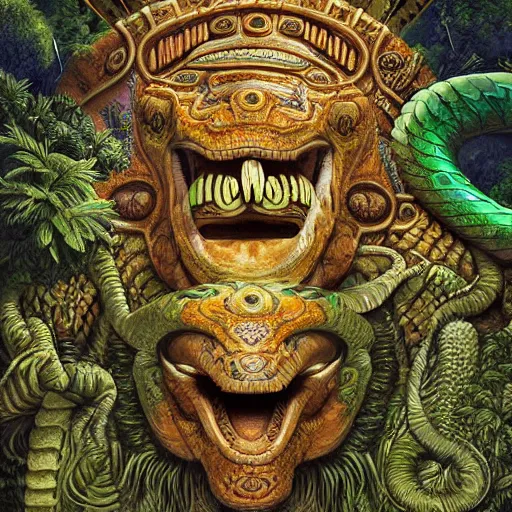 Image similar to digital painting of mayan feathered serpent god, by filipe pagliuso and justin gerard, jungle, fantasy, highly detailed, ominous, intricate, snake, feathers, fangs