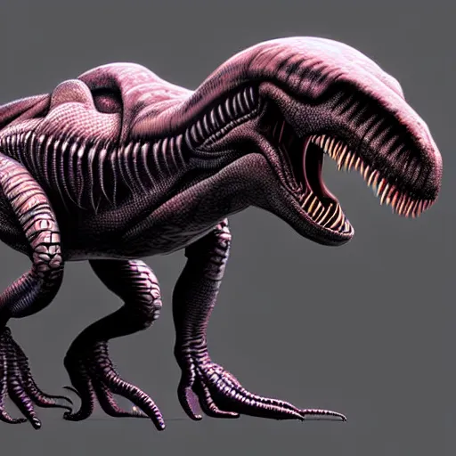 Prompt: ophidien alien taking the form of a t-rex, digital art, sco-fi art, matte painting, award-winning