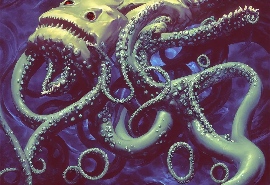 Image similar to Underwater Tentacle Pandomonium;Art by Greg Manchess, Art Direction by Jeremy Jarvis; painting spiraling inward; Deep sea horror; teeth and eyes; illustration