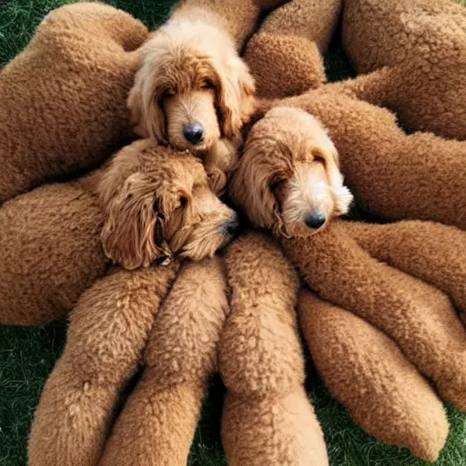 Prompt: a huge pile of 30 golden doodle dogs, photography