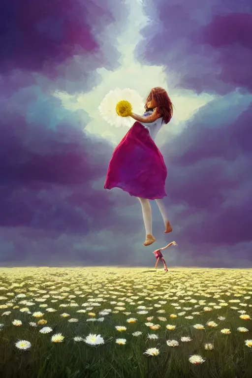 Image similar to giant white daisy flower as head, girl dancing in a flower field, surreal photography, sunrise, dramatic light, impressionist painting, colorful clouds, digital painting, artstation, simon stalenhag