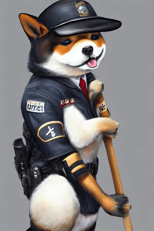 Image similar to shiba inu holding a baseball bat, wearing a police uniform, wearing a japanese traditional hat, character design, highly detailed digital art, atmosphere, cinematic lightning, hyperrealistic, focused, extreme details, 4 k, ultra detailed, trending on artstation, masterpiece