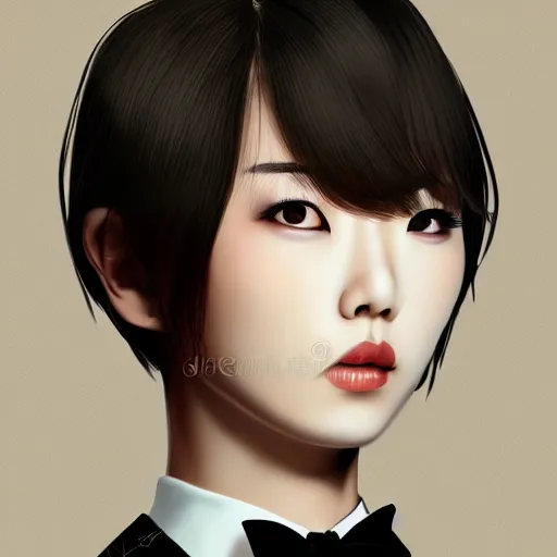 Image similar to portrait of a beautiful korean girl wearing a men's tuxedo, with short messy hair, men's haircut, angular features, angry expression, digital art, elegant pose, detailed illustration