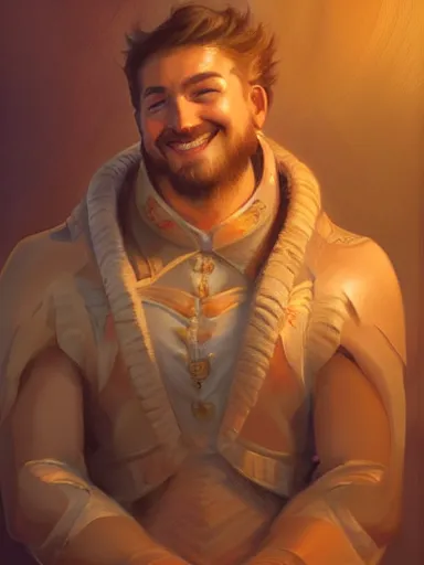 Prompt: a noble man smiling with flirty eyes. crossed arms, sitting in his chair. intricate, elegant, highly detailed, digital painting, artstation, concept art, sharp focus, illustration, by justin gerard and artgerm, 8 k